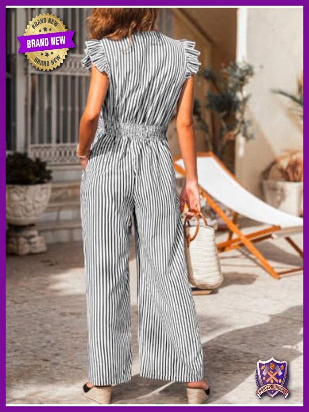 CUPSHE Women's Ruffle Cap Sleeve V-Neck Loose Fit Wide Leg Striped Jumpsuit - Picture 5 of 5